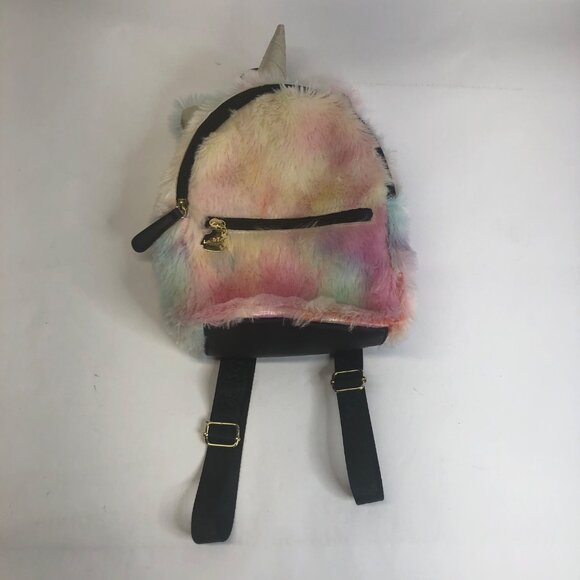 Betsey Johnson Fuzzy Gold Rainbow Unicorn Horn Small Backpack - Picture 1 of 16